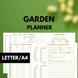 May include: A printable garden planner with sections for planning, tending, veggie calendar, seed inventory, pest and expense tracking, and a plant profile and activities log. The planner is designed in a green and white color scheme with a leafy border.