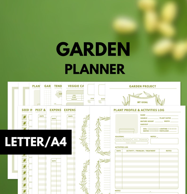 May include: A printable garden planner with sections for planning, tending, veggie calendar, seed inventory, pest and expense tracking, and a plant profile and activities log. The planner is designed in a green and white color scheme with a leafy border.
