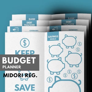 May include: A white budget planner with the text "Keep Budget Planner" and "Midori Reg." in blue. The planner has a section for savings goals with illustrations of piggy banks and pound signs.