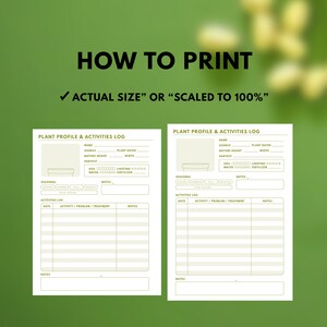 May include: Printable plant profile and activities log with sections for plant name, source, mature height, harvest, plant dated, soil, lighting, water, fertilizer, seasonal, notes, and activities log. The log includes columns for date, activity, problem, treatment, and notes.