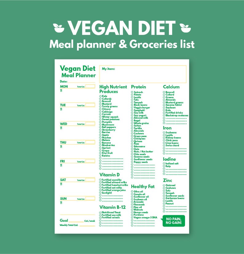 weekly meal planner vegan diet and grocery list printable