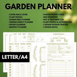 May include: Printable garden planner with sections for planning, tending, veggie calendar, seed inventory, pest and treatment log, plant profile and activities log, expense tracker, and design notes. The planner is in letter or A4 size.