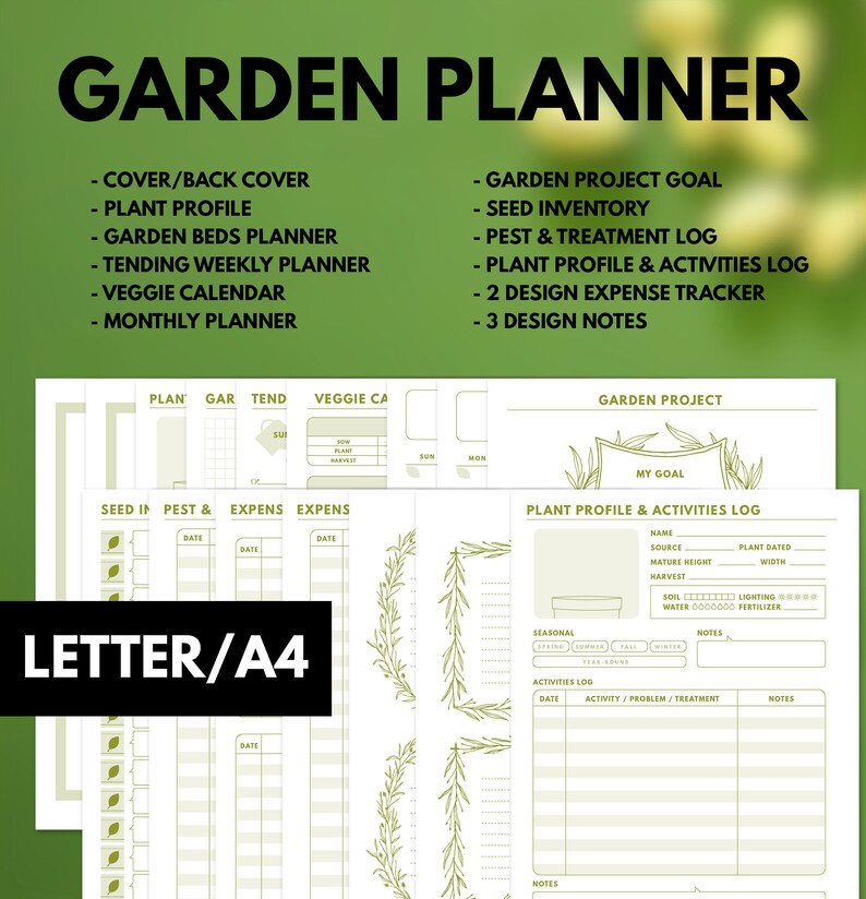 May include: Printable garden planner with sections for planning, tending, veggie calendar, seed inventory, pest and treatment log, plant profile and activities log, expense tracker, and design notes. The planner is in letter or A4 size.