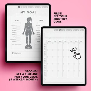 May include: A printable fitness tracker with a body measurement chart and a calendar to track progress. The chart includes measurements for weight, neck, biceps, chest, waist, hips, forearm, and thigh. The calendar is for a month and includes days of the week, Monday through Sunday. The text on the page reads "My Goal", "Now", "Then", "First! Set Your Monthly Goal", "Second! Set a Timeline for Your Goal (5 Weeks/1 Month)", and "Reward".