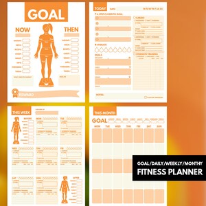 May include: Orange and white fitness planner with sections for daily, weekly, and monthly goals. The planner includes sections for tracking weight, neck, biceps, chest, waist, hips, forearms, and thighs. It also includes sections for tracking cardio and strength training.