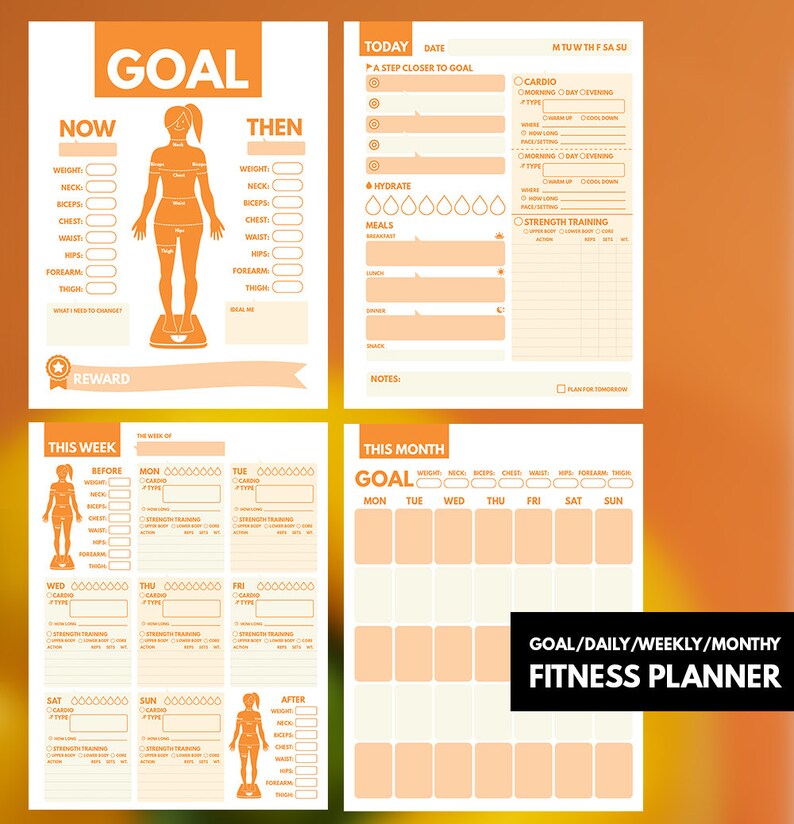 May include: Orange and white fitness planner with sections for daily, weekly, and monthly goals. The planner includes sections for tracking weight, neck, biceps, chest, waist, hips, forearms, and thighs. It also includes sections for tracking cardio and strength training.