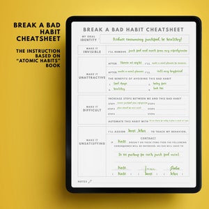 Puede incluir: Una hoja de trabajo imprimible verde y blanca con el t&iacute;tulo "Break a Bad Habit Cheat Sheet". La hoja de trabajo incluye una lista de verificaci&oacute;n de pasos para ayudar a romper un mal h&aacute;bito, incluyendo hacerlo invisible, poco atractivo, dif&iacute;cil e insatisfactorio. La hoja de trabajo tambi&eacute;n incluye una secci&oacute;n de contrato para el seguimiento del comportamiento.