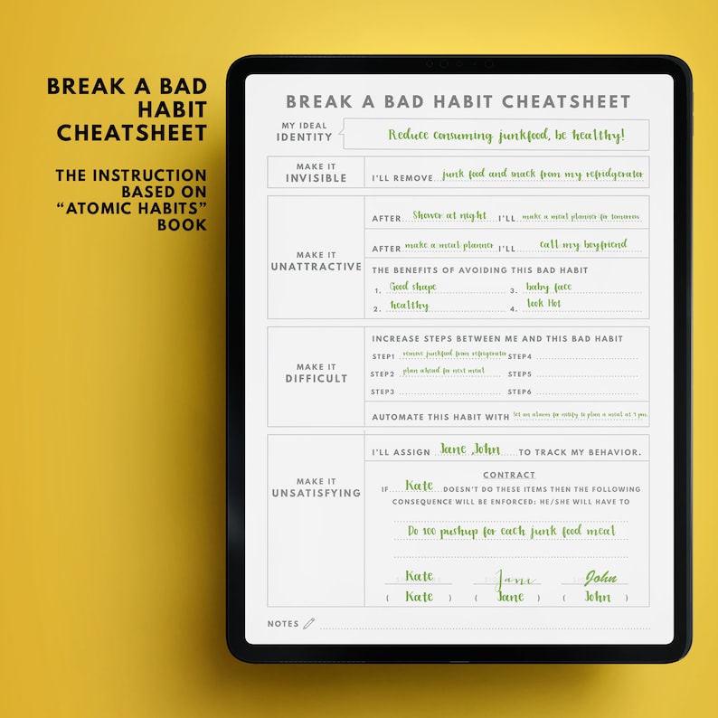 Puede incluir: Una hoja de trabajo imprimible verde y blanca con el t&iacute;tulo "Break a Bad Habit Cheat Sheet". La hoja de trabajo incluye una lista de verificaci&oacute;n de pasos para ayudar a romper un mal h&aacute;bito, incluyendo hacerlo invisible, poco atractivo, dif&iacute;cil e insatisfactorio. La hoja de trabajo tambi&eacute;n incluye una secci&oacute;n de contrato para el seguimiento del comportamiento.