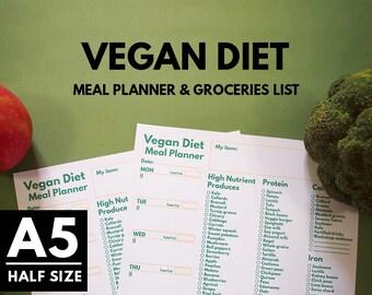 A5 Filofax Meal Planner printable Vegan Diet & Grocery List, A5 Insert, Filofax A5 ,Weekly meal planner insert, Kikki.K Large, Diet planner