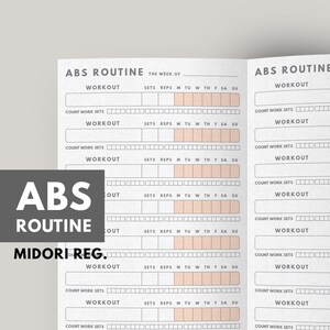 Puede incluir: Un rastreador de entrenamiento imprimible para una rutina de abdominales. El rastreador incluye secciones para series, repeticiones y días de la semana. El texto "ABS ROUTINE" está impreso en la parte superior de la página.