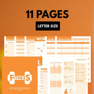 May include: An 11-page fitness planner in letter size. The planner includes sections for meal planning, measurements, fitness ID, workout, vitamins, and fitness expenses. The cover features a dumbbell with the words "Fitness" and "Don't wish for it, work for it."