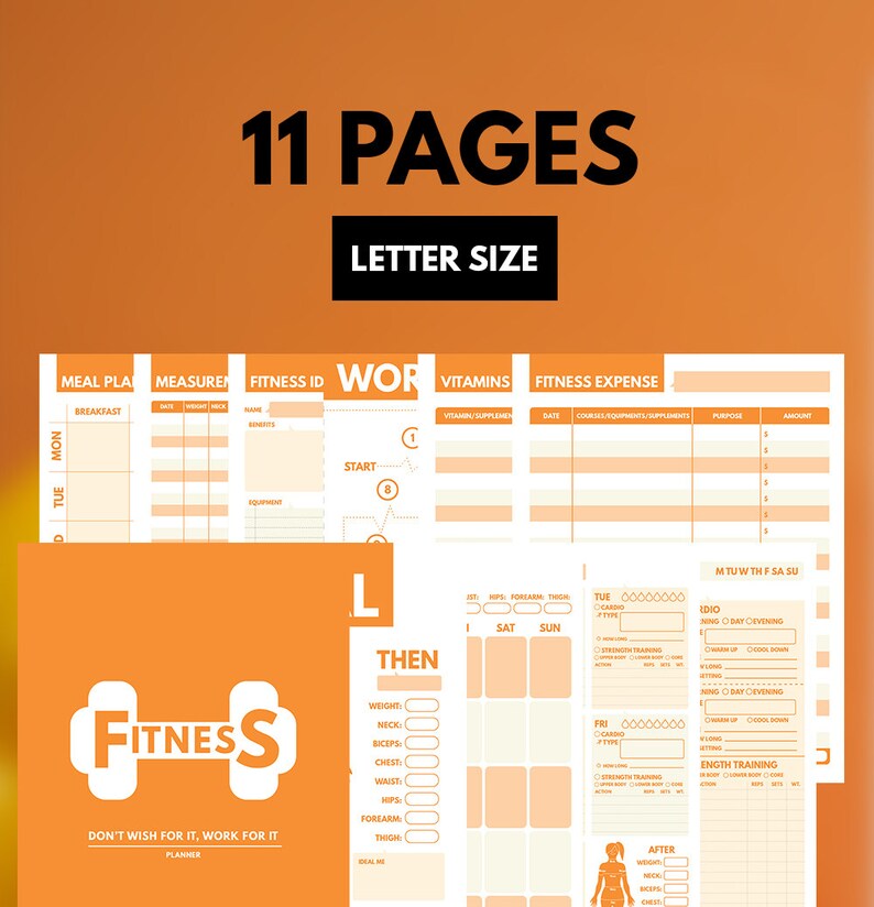 May include: An 11-page fitness planner in letter size. The planner includes sections for meal planning, measurements, fitness ID, workout, vitamins, and fitness expenses. The cover features a dumbbell with the words "Fitness" and "Don't wish for it, work for it."