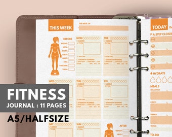 May include: A printable fitness journal with an orange and white color scheme. The journal is designed for a half-size A5 planner and includes pages for tracking weight, cardio, strength training, meals, and to-do lists. The journal has 11 pages.