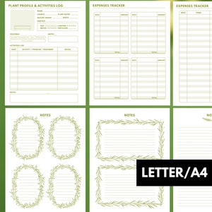 May include: Printable plant journal pages with sections for plant profile, activities log, and expenses tracker. The pages feature a green leafy border design and the text "LETTER/A4".