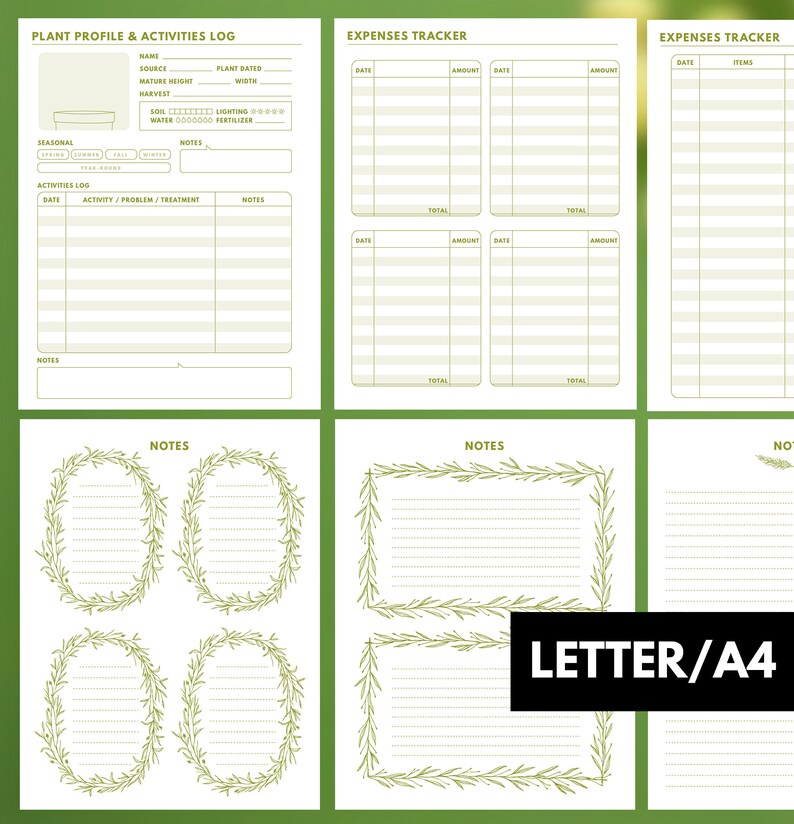 May include: Printable plant journal pages with sections for plant profile, activities log, and expenses tracker. The pages feature a green leafy border design and the text "LETTER/A4".