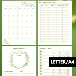 May include: Printable garden planner with sections for a weekly calendar, pest and treatment log, garden project, and seed inventory. The planner has a green and white color scheme with a leafy design.