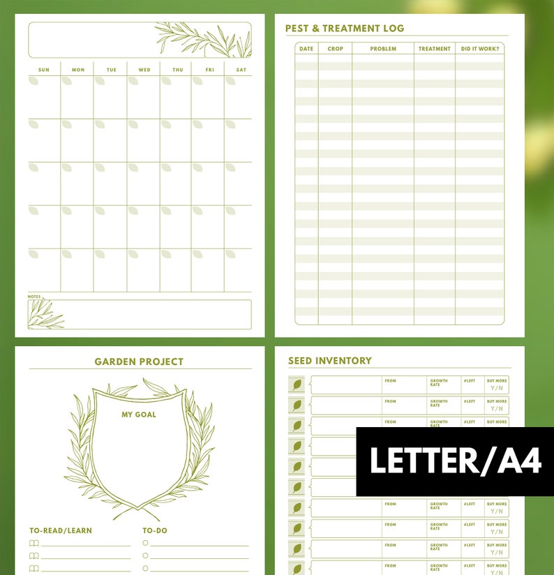 May include: Printable garden planner with sections for a weekly calendar, pest and treatment log, garden project, and seed inventory. The planner has a green and white color scheme with a leafy design.