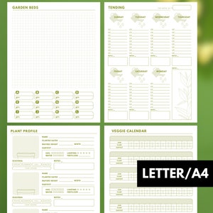 May include: Printable gardening planner with sections for garden beds, tending, plant profiles, and a veggie calendar. The planner is designed in a light green and white color scheme with a leafy design.