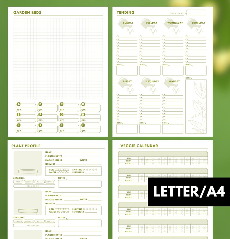 May include: Printable gardening planner with sections for garden beds, tending, plant profiles, and a veggie calendar. The planner is designed in a light green and white color scheme with a leafy design.