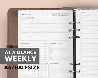 A5 AT A GLANCE WEEKLY Planner Printable, Half Letter Printable Weekly Planner Insert