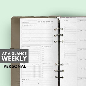May include: A weekly planner with a brown leather cover. The planner has a section for top priorities, assignments, to-read/learn, habits, a shopping list, meal plan, and notes. The planner also has a section for each day of the week.
