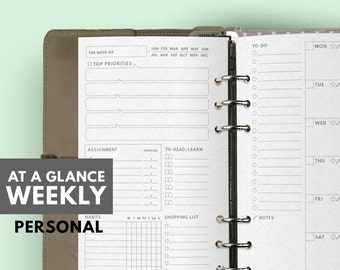 At a Glance Undated Weekly Planner, Personal Planner Insert Printable