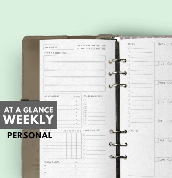 At a Glance Undated Weekly Planner, Personal Planner Insert Printable