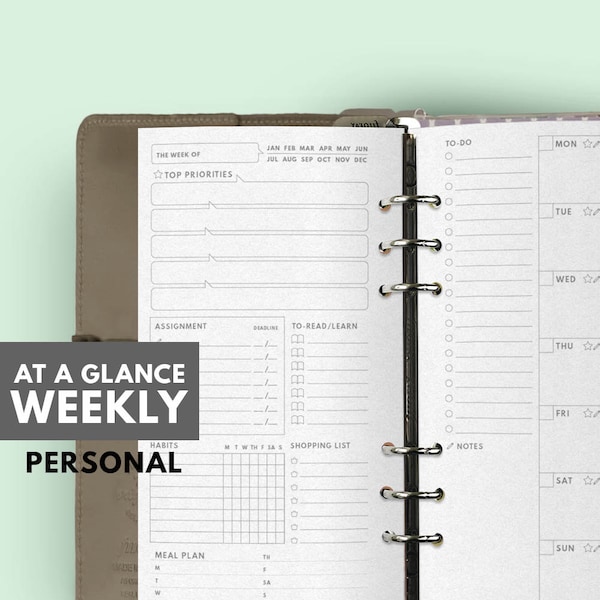 At a Glance Undated Weekly Planner, Personal Planner Insert Printable