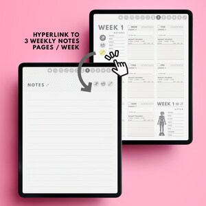 May include: A digital planner with a weekly layout for tracking fitness goals. The planner includes sections for cardio, weight training, and notes. The planner is open to a page labeled "Week 1 Before" and a separate page labeled "Notes".