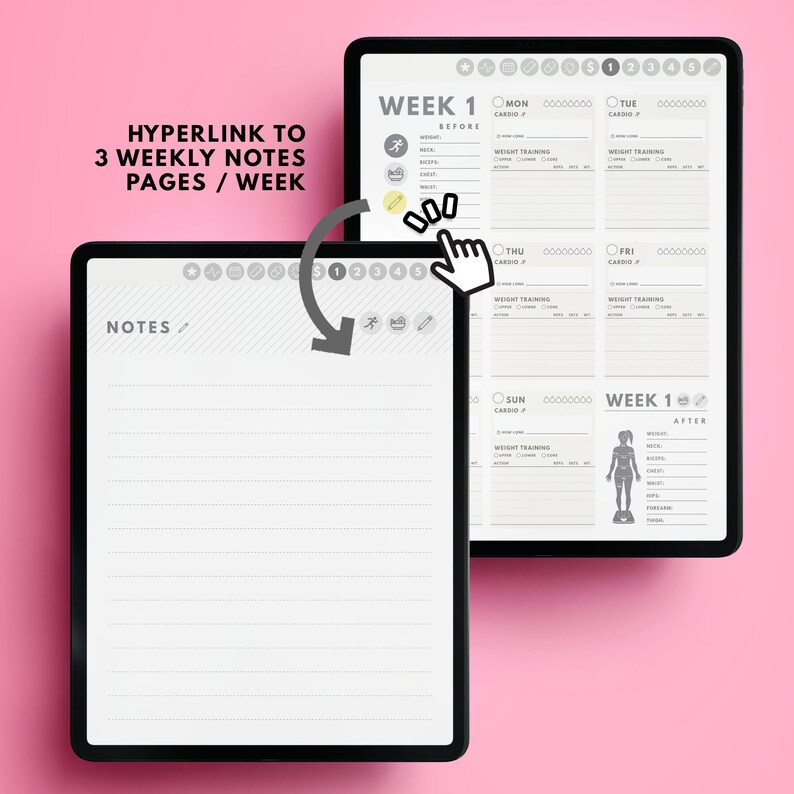 May include: A digital planner with a weekly layout for tracking fitness goals. The planner includes sections for cardio, weight training, and notes. The planner is open to a page labeled "Week 1 Before" and a separate page labeled "Notes".