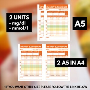 May include: Two printable A5 sheets for tracking blood sugar levels. Each sheet has a grid for recording blood sugar readings before and after meals, as well as before bed. The sheets are labeled "My Daily Blood Sugar" and include a space for the date and activity level.