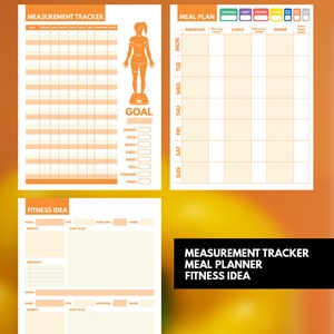 May include: A printable fitness tracker, meal planner, and fitness idea worksheet. The tracker includes sections for weight, neck, biceps, chest, waist, hips, forearm, and thigh measurements. The meal planner includes sections for breakfast, lunch, dinner, and snacks. The fitness idea worksheet includes sections for name, benefits, type, what to do, how long, and where.