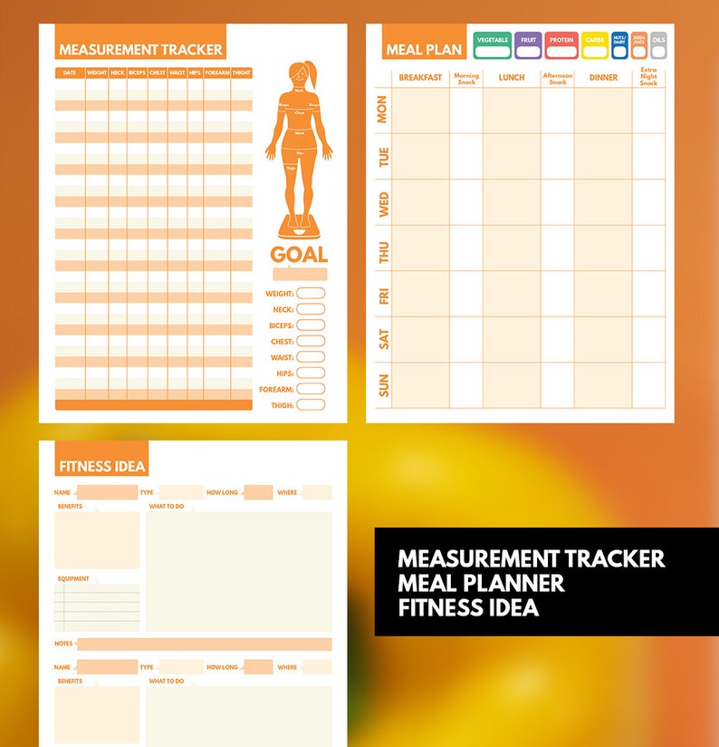 May include: A printable fitness tracker, meal planner, and fitness idea worksheet. The tracker includes sections for weight, neck, biceps, chest, waist, hips, forearm, and thigh measurements. The meal planner includes sections for breakfast, lunch, dinner, and snacks. The fitness idea worksheet includes sections for name, benefits, type, what to do, how long, and where.