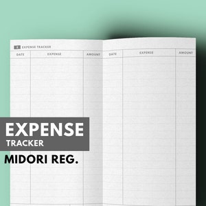 May include: A white, lined, open notebook with the text "EXPENSE TRACKER" and "MIDORI REG." printed on the front cover. The notebook is divided into two sections, each with columns labeled "Date", "Expense", and "Amount".