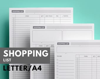 A4 Shopping list printable planner, Letter Grocery list printable