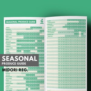 May include: A green and white seasonal produce guide with a list of fruits and vegetables and their availability months. The guide includes a list of produce from January to December.