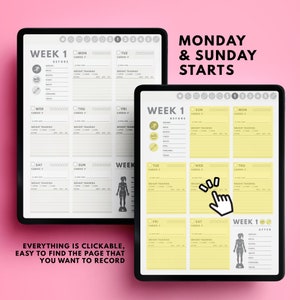 May include: A digital planner for tracking fitness progress. The planner has a yellow background and is divided into sections for each day of the week. The planner includes sections for tracking cardio, weight training, and body measurements. The text "Monday & Sunday Starts" is displayed at the top of the planner.