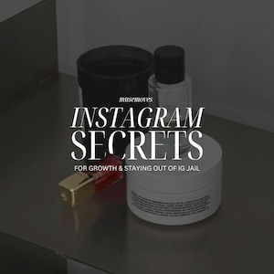 May include: A white jar with black text that reads "Instagram Secrets for Growth & Staying Out of IG Jail". There are three other products in the image: a black jar, a clear glass bottle, and a red and gold nail polish bottle.