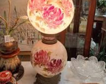 Antique Gone With The Wind Floral Hurricane Lamp, 19th Century Victorian Parlor Light