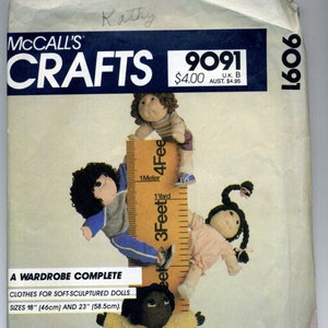May include: A McCall's Crafts sewing pattern for making clothes for soft-sculptured dolls. The pattern number is 9091 and the price is £4.00. The pattern includes instructions for making clothes for dolls that are 18 inches (46 cm) and 23 inches (58.5 cm) tall.