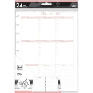 Könnte beinhalten: Ein weißer Wochenplaner mit einem rosa und schwarzen Design. Der Planer hat eine Lasche mit der Aufschrift "diese Woche" und einen Bereich für jeden Tag der Woche. Der Planer hat auch einen Bereich für Notizen und einen Bereich für Ziele.