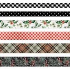 May include: Set of eight decorative washi tapes with various patterns, including black and white gingham, black polka dots, green holly leaves, red and white gingham, brown plaid, and green pine needles.