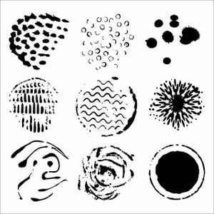 Puede incluir: Nueve manchas de tinta abstractas en blanco y negro con diferentes patrones y texturas. Las manchas están dispuestas en una cuadrícula de 3x3.