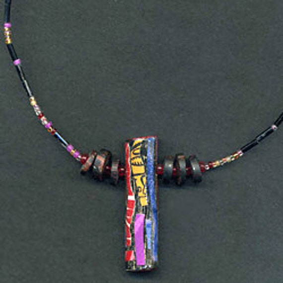 Necklace With Decoupage Cylindrical Wood Pendant -