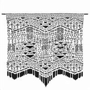 May include: Black and white geometric patterned curtain with a fringed bottom edge.
