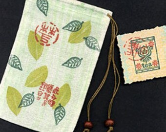 Asian Rubber Stamped Muslin Drawstring Bag with Stamped Tea Tag