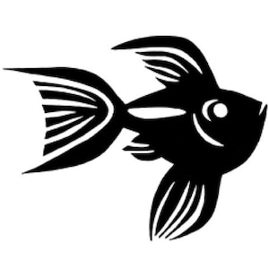 May include: A black and white silhouette of a stylised fish with a large eye and fins. The fish is swimming to the right.