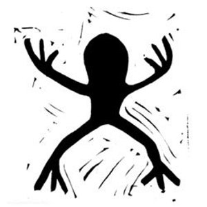 May include: Black silhouette of a frog with outstretched arms and legs, printed on a white background.