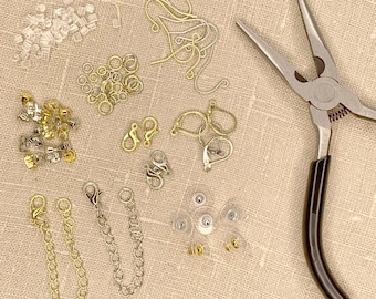 May include: Assortment of gold and silver jewelry making supplies including earring hooks, jump rings, chain, clasps, and earring backs.  Also included are pliers for jewelry making.