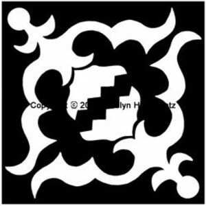May include: Black and white decorative tile with a geometric pattern. The tile has a floral design with a central motif of a stylized flower.